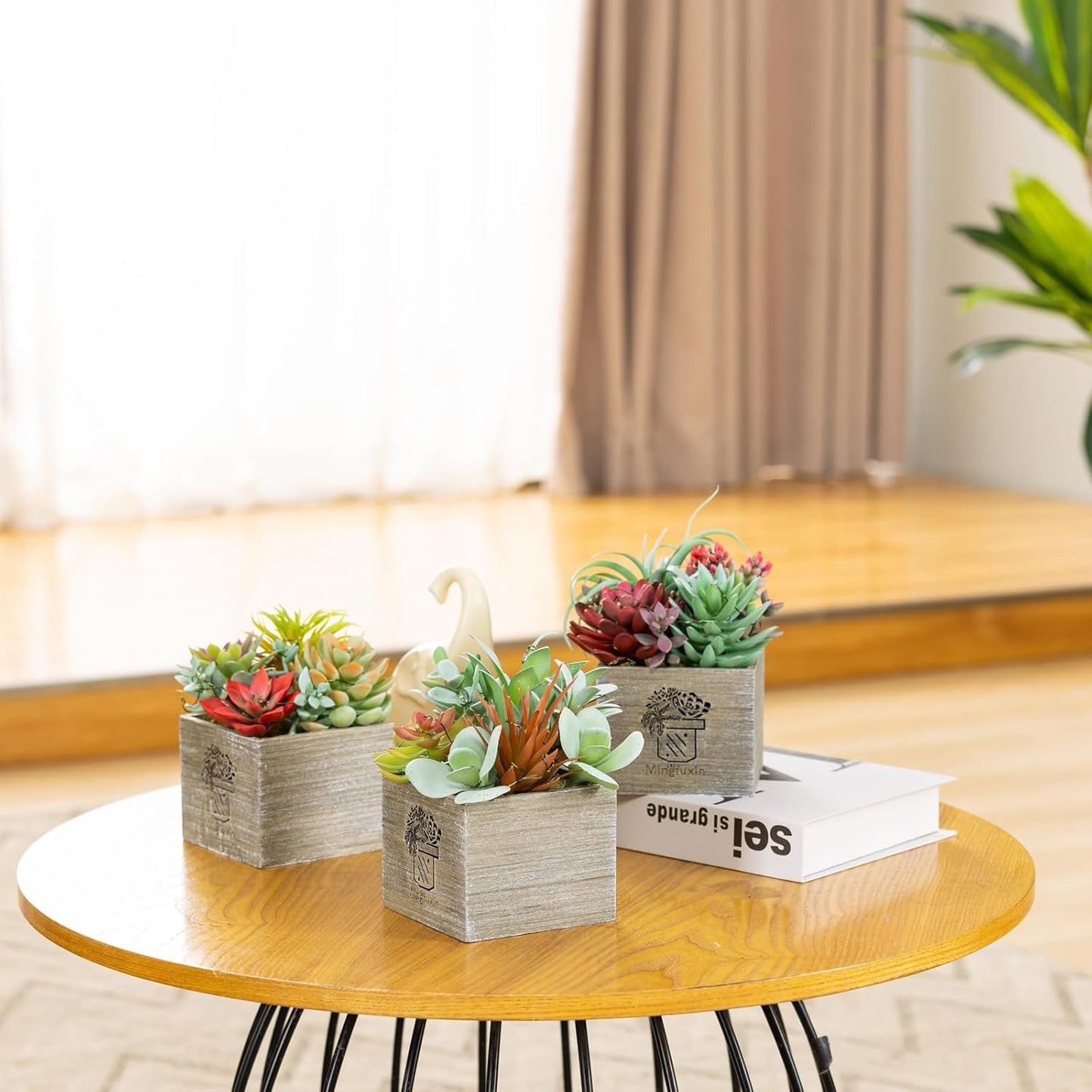 Succulent Plants Artificial, 3 Pack Small Fake Plants in Wood Pot for Home Decor, Farmhouse Artificial Plants Indoor for Living Room Bathroom Bedroom Office Kitchen Desk Wedding Coffee Table Decor