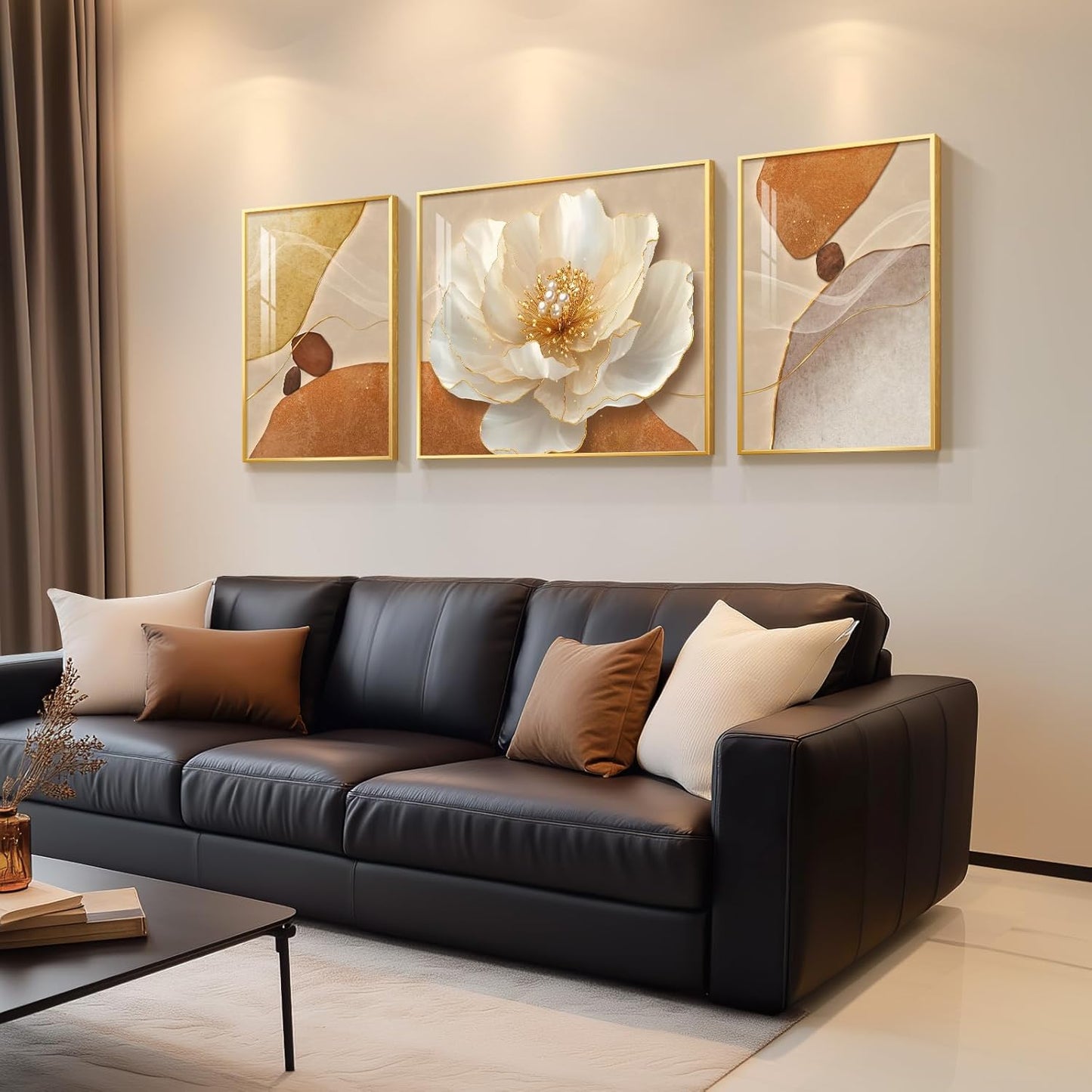 Framed Modern Luxury Gold Wall Art, Set of 3 Piece Contemporary Paintings Artwork for Walls, Golden Prints Pictures with Gold Frame, Wall Decor for Living Room, Hallway, Bedroom, Office 16x24 Inch