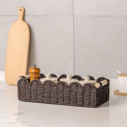 CubesLand Paper Rope Scalloped Edge Toilet Paper Storage Basket, Small Living Room, Bedroom Decor Baskets for Over Toilet Storage Shelf, End Table, Shelves and More, with 2 Wooden Handle, Neutral
