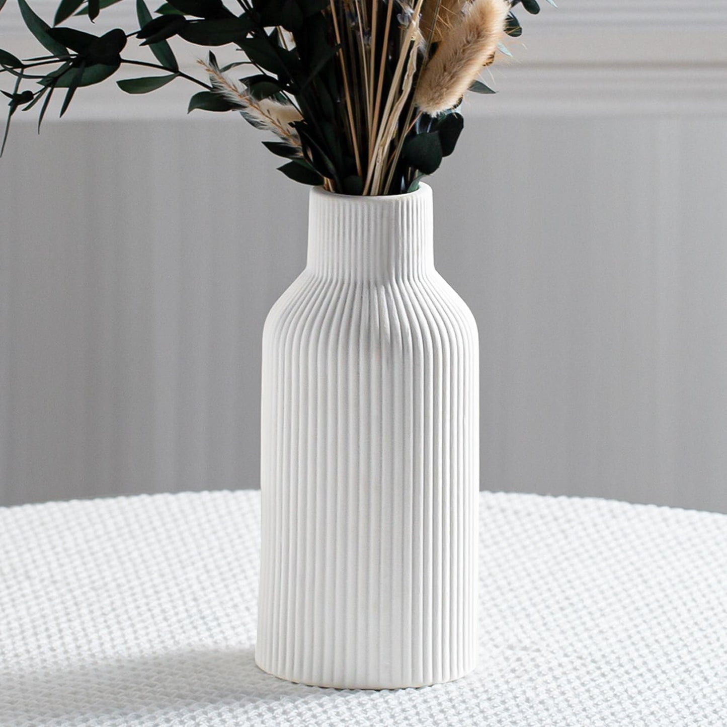 Bohemian White Ceramic Vase - for Pampas Grass, Mantel, Bookshelf, Entryway and Living Room Decor (White, 7in)