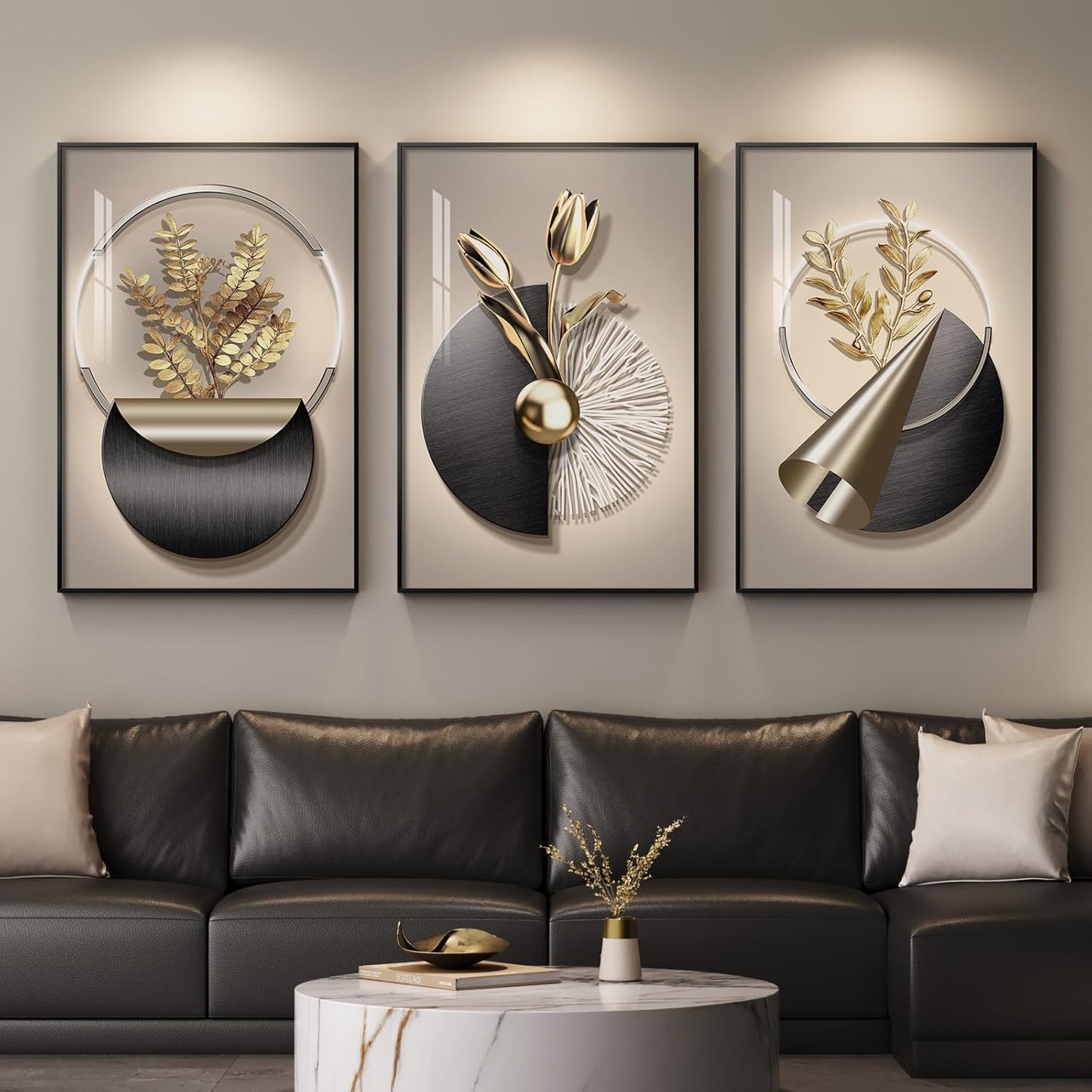 Framed Modern Luxury Gold Wall Art, Set of 3 Piece Contemporary Paintings Artwork for Walls, Golden Prints Pictures with Gold Frame, Wall Decor for Living Room, Hallway, Bedroom, Office 16x24 Inch
