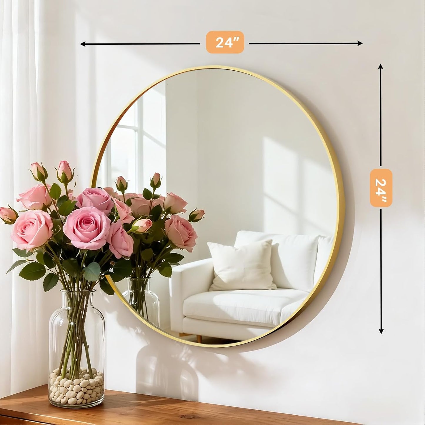 Bathroom Mirror for Wall, 24 Inch Round Mirror, Matte Black Metal Framed Circle Vanity Mirror for Bathroom Bedroom Living Room Entryway, Anti-Rust, Tempered Glass, Hanging or Leaning