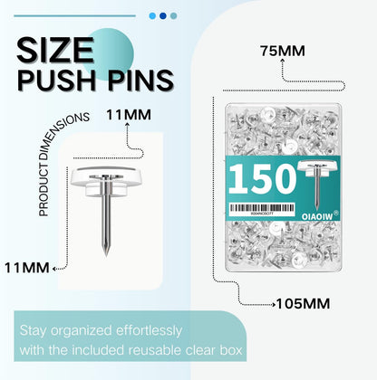 150 PCS Clear Push Pins Tacks Count in Reusable Box for Bulletin Boards and Wall Displays Heavy Duty Plastic Head