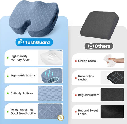 TushGuard Seat Cushion - Memory Foam Cushion for Office Chair, Car Seat, Airplane, Bleacher - Sciatica & Hip & Coccyx Pain Relief Desk Chair Cushion for Long Sitting Office Workers, Car Drivers