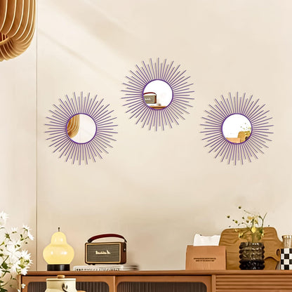 3 Pack Metal Mirrors for Wall Sunburst Wall Mirrors Home Décor Decorative Hanging Wall Art for Living Room Bedroom Entryway (Gold, Flower+Sunburst)