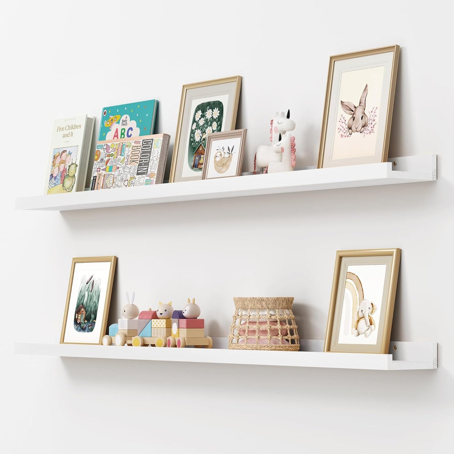 FLYJOE Picture Ledge Shelf, Floating Shelves Set of 2, Solid Pine Wood 55'' Long Large Nursery Book Shelves for Toys Storage, Kids Bookshelf for Living Room Bedroom Decor Books Photo Frames, Walnut