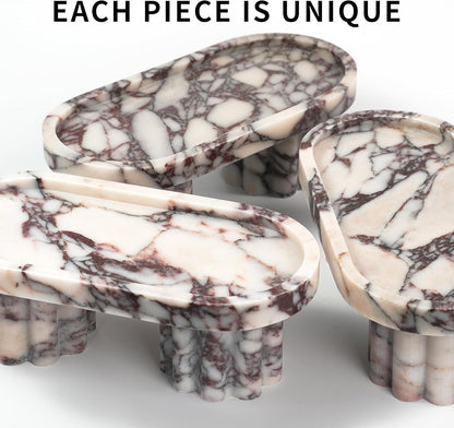 Marble Perfume Tray with Legs - Oval Decorative Stone Pedestal for Bathroom Vanity Coffee Table Kitchen Countertop, Footed Jewelry Candle Organizers Catchall Plate Riser with Scalloped Feet