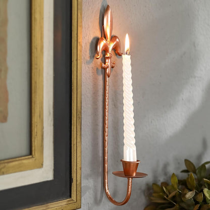 Fleur De Lis Wrought Iron Candle Sconces Set of 2, Rustic Candle Holders Hanging for Living Room Farmhouse Fireplace Wedding (Antique Copper)