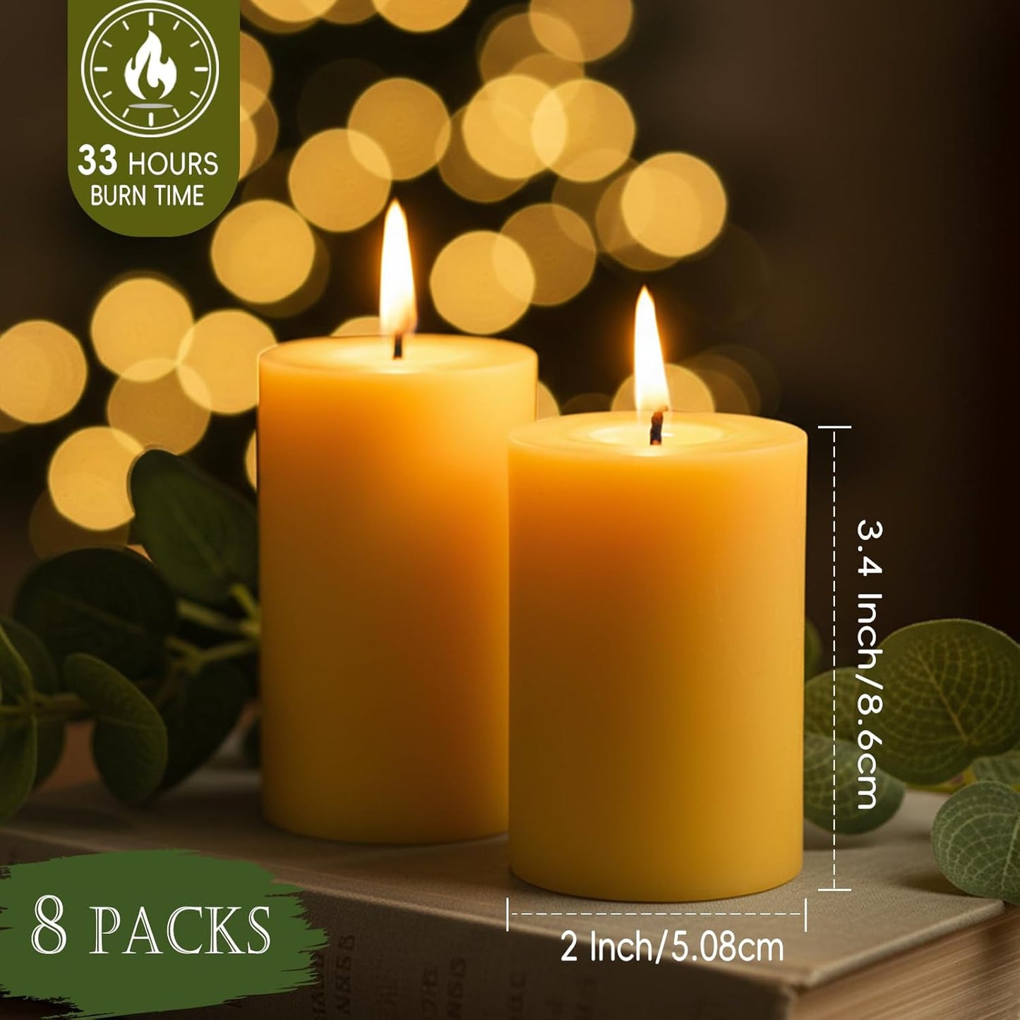 2x5 Inch Beeswax Candles, 4 Packs, 100% Natural Beeswax Pillar Candles, 52 Hours Burn Time, Pure Emergency Candle Long Burning for Home Decor, Gift Sending, Smokeless & Dripless