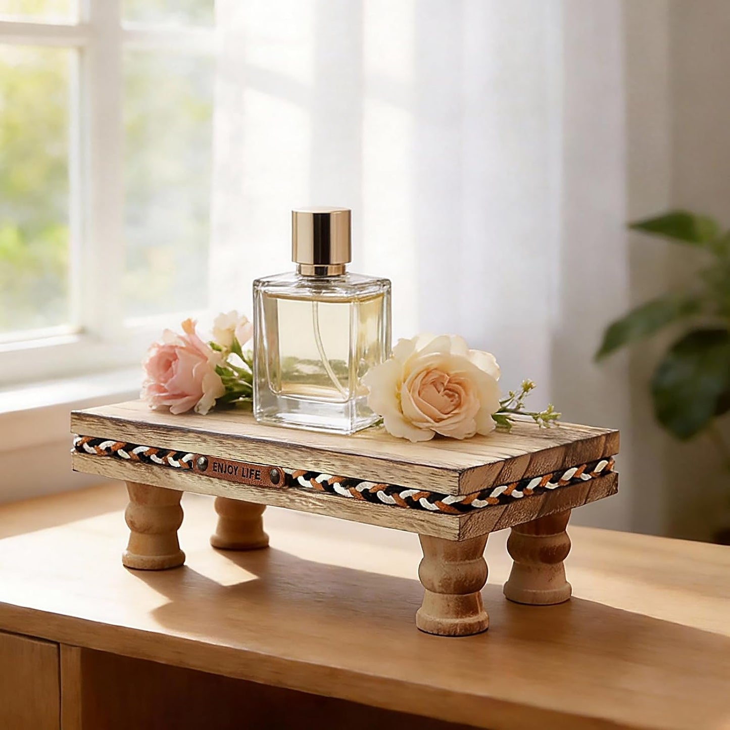 Wood Tray Pedestal Stand, Waterproof Bathroom Counter Organizer, Modern Farmhouse Riser for Soap/Candle/Sponge White Small