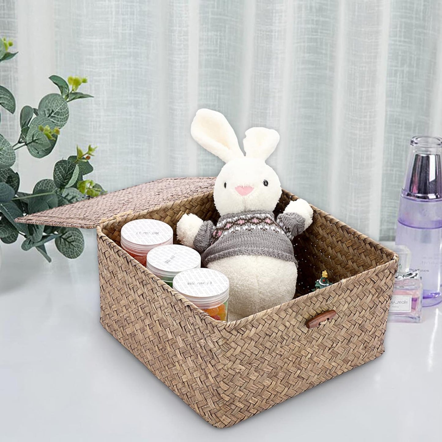 Hipiwe Seagrass Basket with Lid Wicker Storage Basket Square Handwoven Decorative Baskets Box for Shelf Multipurpose Household Baskets Home Decor,X-small