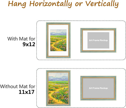 Golden State Art,11x14 Ornate Picture Frame for 8x10 Photo with Mat or 11 x 14 Prints without Mat,Real Glass Wall Display(Color:Green Gold)