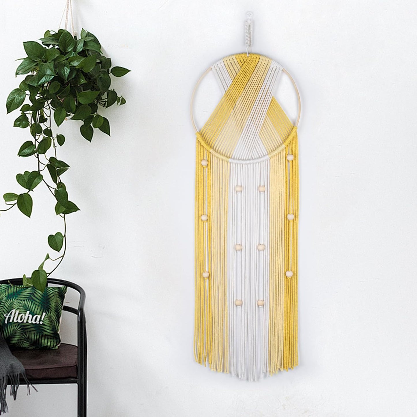 LB Boho Macrame Wall Hanging - Green and Beige Handmade Cotton Woven Decor, Modern Geometric Bohemian Tapestry Wall Decor for Bedroom Living Room Home (31.5"x9.84") Nature-Inspired Room Decor
