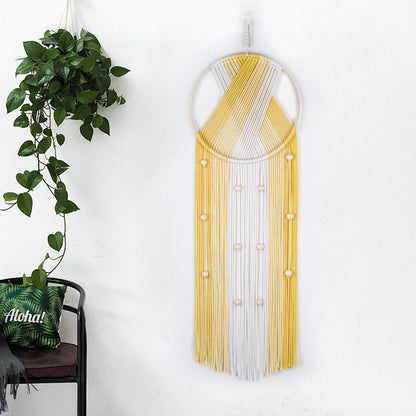 LB Boho Macrame Wall Hanging - Green and Beige Handmade Cotton Woven Decor, Modern Geometric Bohemian Tapestry Wall Decor for Bedroom Living Room Home (31.5"x9.84") Nature-Inspired Room Decor