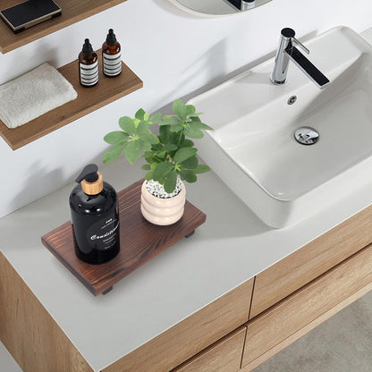Black Bathroom Vanity Organizer Tray for Countertop Small Wooden Pedestal Stand Farmhouse Kitchen Sink Tray Decorative Hand Soap Dish Dispenser Holder Wood Risers Modern Bathroom Decor Accessories