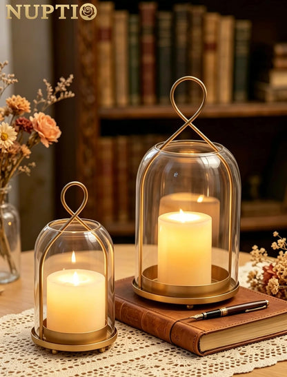 NUPTIO Glass Lanterns Decorative Outdoor: Gold Hurricane Candle Holders for Pillar Candles - Set of 2 Hanging Lantern for Home Thanksgiving Christmas Party Centerpiece