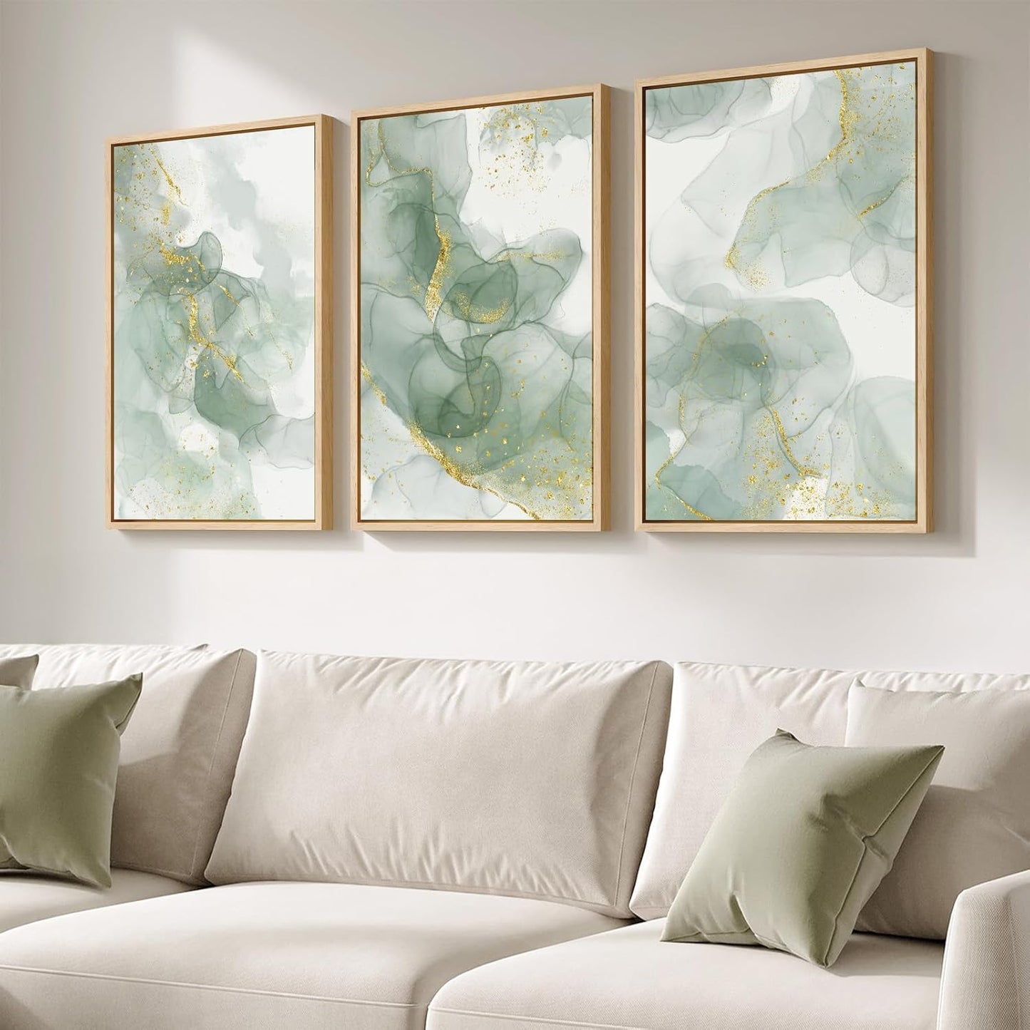 Large Framed Abstract Nature Landscape Wall Art for Living Room, Set of 3 Modern Canvas Prints Paintings Artwork for Walls, Green Lake Pictures for Hallway, Dining Room, Office Wall Decor 24x36 Inch