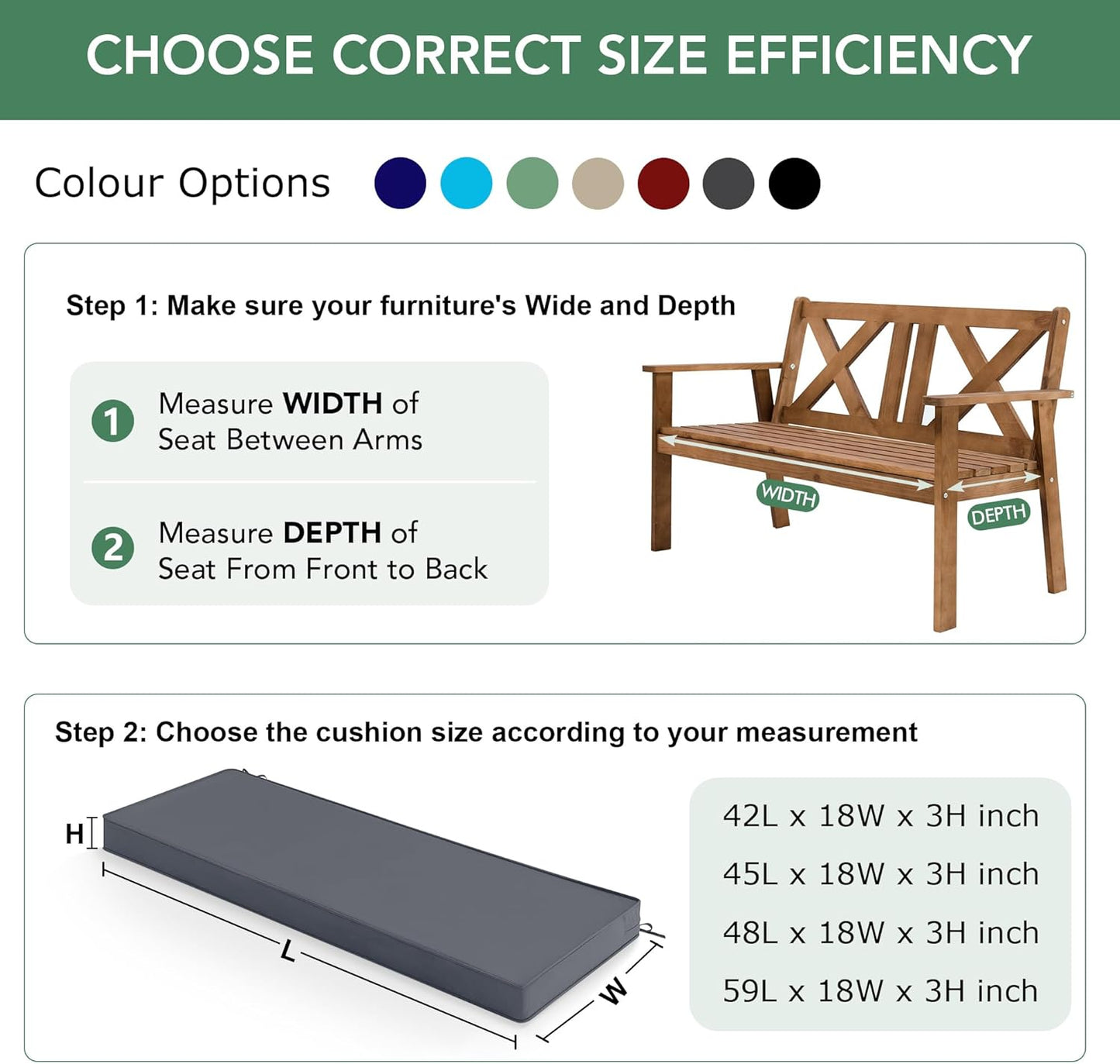 Summsun Outdoor Bench Cushion: Waterproof and Fade Resistant Patio Furniture Cushions - Non-Slip Bench Pad Cushion with Removable Cover for Garden Swing Porch Sofa Settee, 48 x 18 x 3 Inch, Black