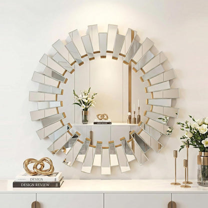 Gold Sunburst Mirror, 26" Sun Mirror Wall Decor with Beveled Glass Frame, Starburst Mirrors for Entryway, Dining Room, Living Room