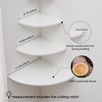 Corner Shelves, Floating Corner Shelf, Set of 2 7inch Solid Oak Wood Wall Shelves, Round End Wall Mount with Wire Hole Shelving for Small Plant for Bedroom Kitchen, Living Room