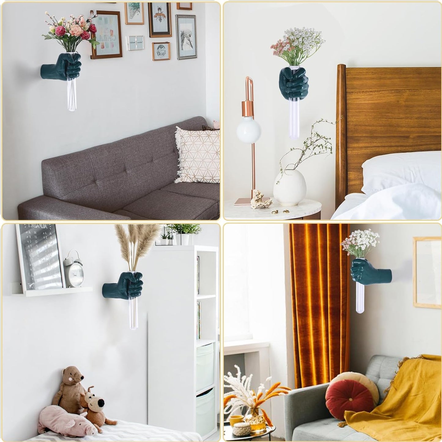 Gold Wall Sculptures, Hand Vases Home Decor, Wall Mount Art Sculpture, Unique Wall Art Statue, Funky Flower Vase Decorations, Modern Eclectic Hanging Decor,Glass Test Tube Vase