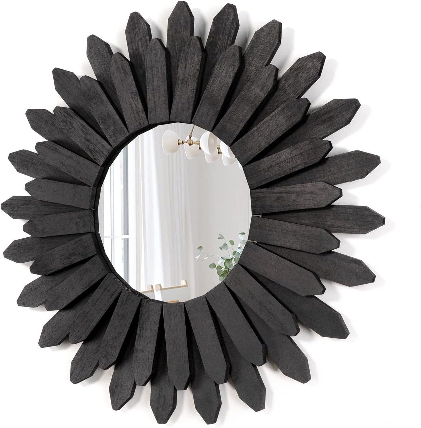 Honiway Wall Mirror Decorative 12 inch Rustic Wood Mirror Sunburst Boho Mirror for Entryway Bedroom Living Room Bathroom House Warming Gifts New Home Essential Carbonized Black