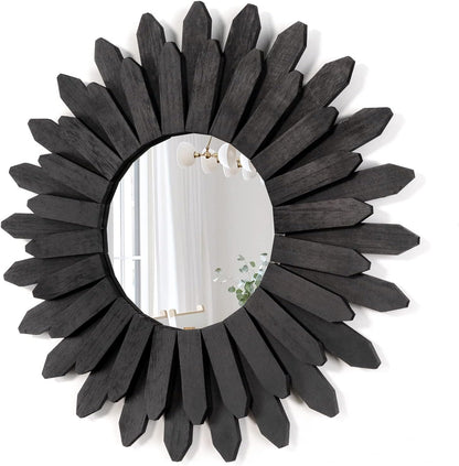 Honiway Wall Mirror Decorative 12 inch Rustic Wood Mirror Sunburst Boho Mirror for Entryway Bedroom Living Room Bathroom House Warming Gifts New Home Essential Carbonized Black