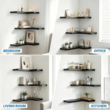 NATURE'S SOURCE Floating Corner Shelves with Invisible Brackets Set of 3, Corner Shelves Wall Mounted, for Home Bedroom Bathroom Kitchen Living Room Office- 16.1" x 11.5" (Pure White)