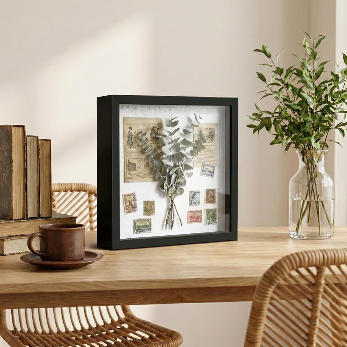 8x10 Shadow Box Frame | Soft Linen Back & Push Pins Included, Polystyrene Glass Memory Display Case for Flowers, Tickets & Cherished 3D Items, Black