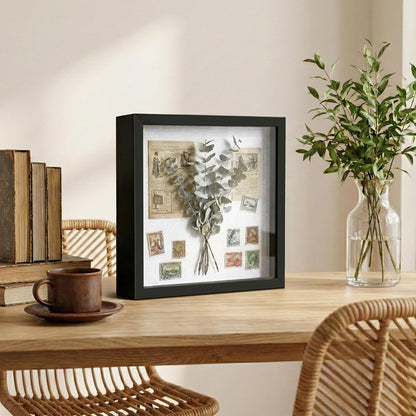 8x10 Shadow Box Frame | Soft Linen Back & Push Pins Included, Polystyrene Glass Memory Display Case for Flowers, Tickets & Cherished 3D Items, Black