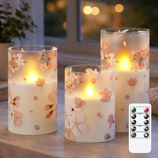 Pack of 3 Flameless Daily Timer Flickering Real Wax Pillar Candles, 3" x 4" 5" 6" LED Battery Operated Purple Flowers Glass Warm Light with Remote Control