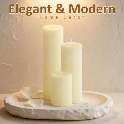 12-Pack Ivory Unscented Pillar Candle Set - 2x3, 2x6, 2x8-inch Long-Burning Drip-Free Tapers, 4 Per Size. Ideal for Home Decor, Weddings, Emergencies, and Holidays.
