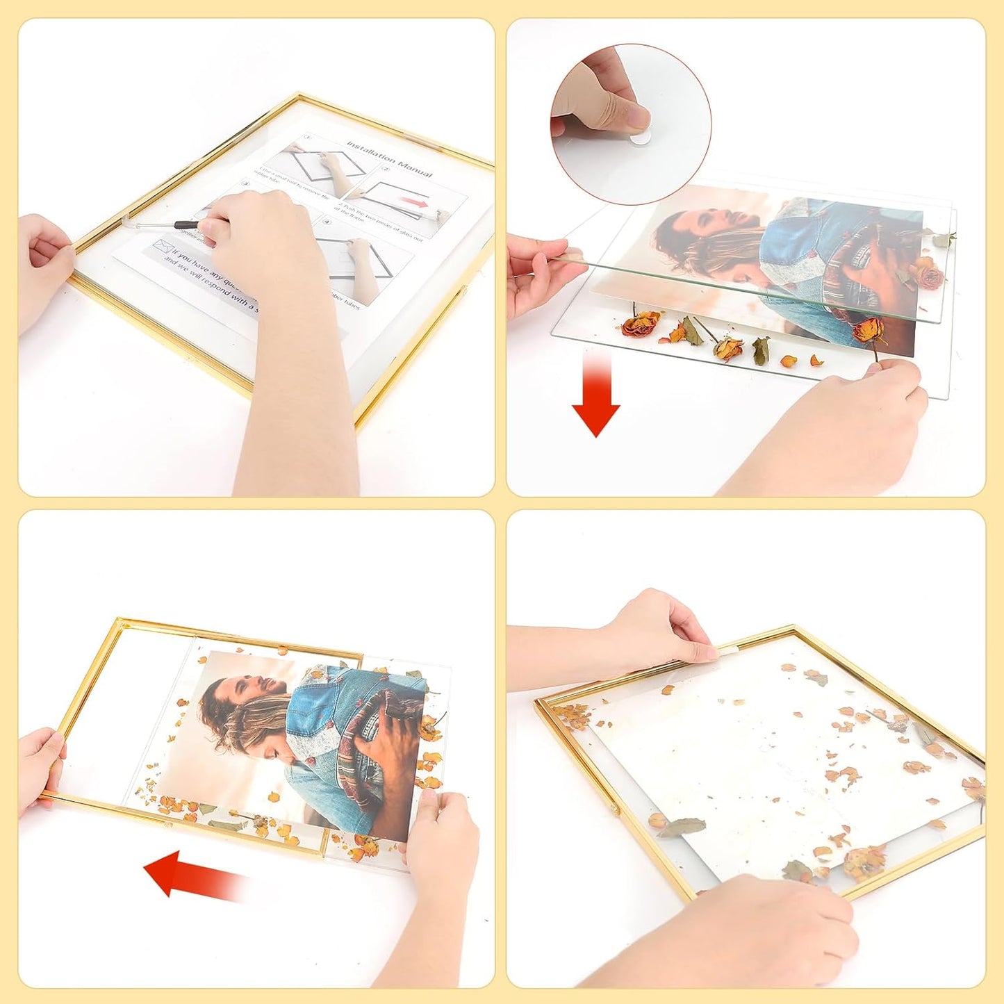 Qiannhee 8x10 Floating Frames Set of 2, Double Glass Desktop Picture Frames, Holds Multiple Photo Sizes, Photo Frame with Metal Stand