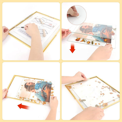 Qiannhee 8x10 Floating Frames Set of 2, Double Glass Desktop Picture Frames, Holds Multiple Photo Sizes, Photo Frame with Metal Stand