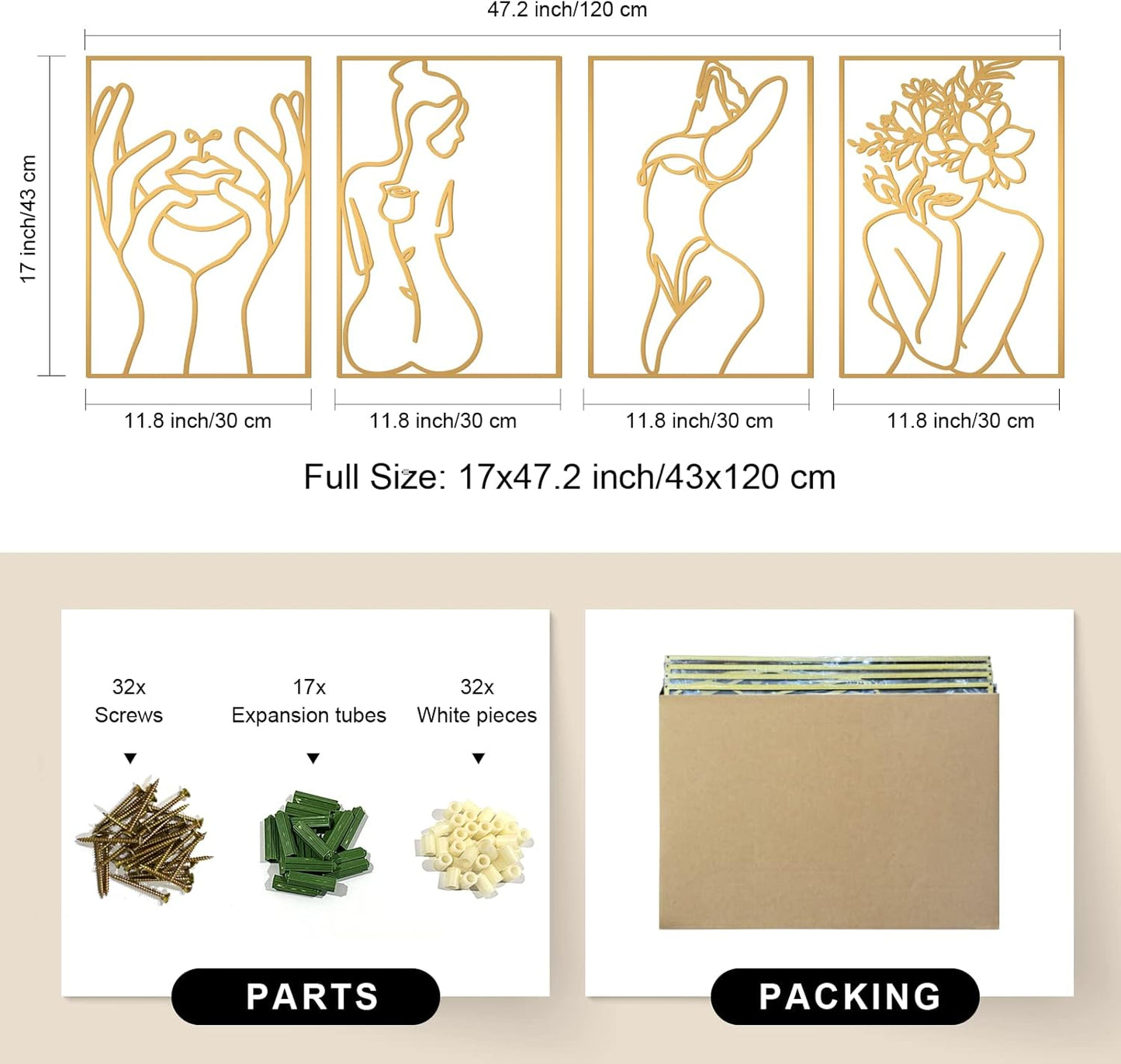 Glamativity 4 Pack Gold Wall Art Decor, Minimalist Single Line Real Metal Wall Art, Woman's Body Shape Abstract Wall Art (Gold Classic Style, 17 x 11.8'')
