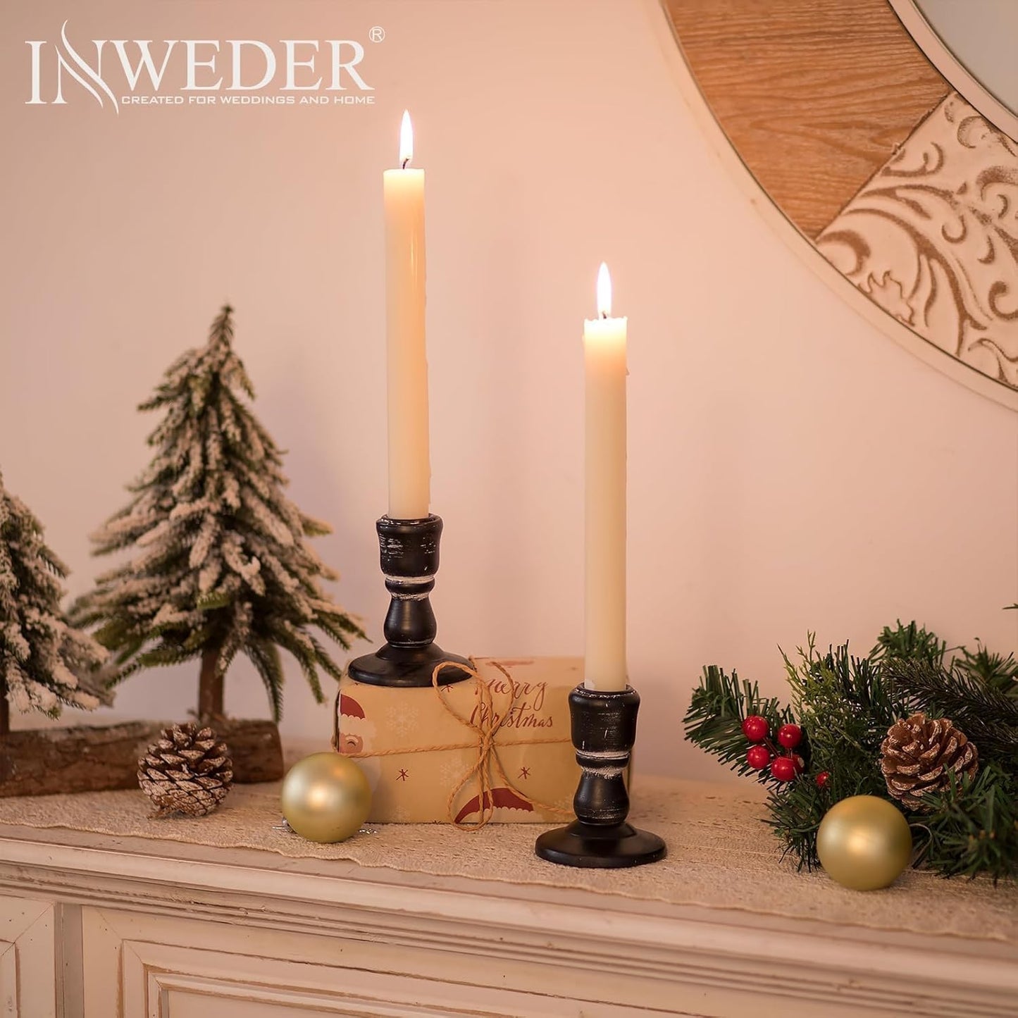 Wooden Taper Candle Holders: Wood Candlestick Holders Rustic Farmhouse Fall Decor for Living Room Dinning Table Centerpiece Christmas Set of 2