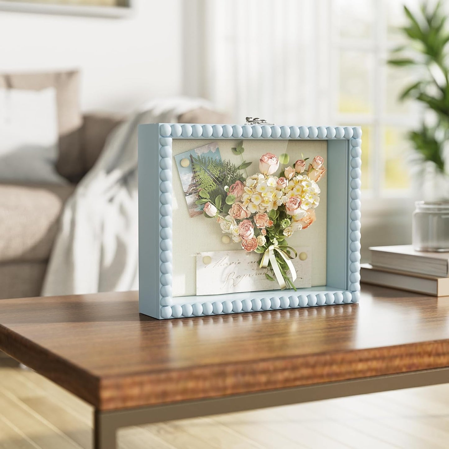 Love-KANKEI Shadow Box Frame 11x14, Deep Large Shadow Box Display Case with Unique Beads Door and Glass Window, Wood Memory Box for Pictures,Medals,Memorabilia,Collections White