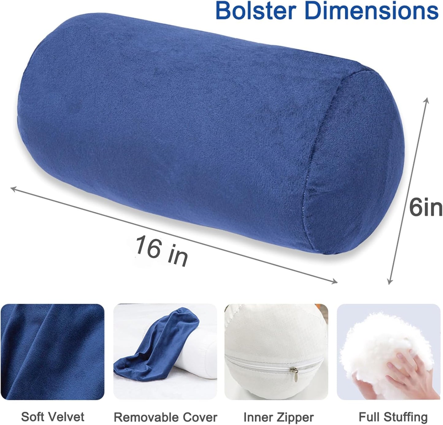 1 MIDDLE ONE Round Cylinder Bolster Pillow with Removable Velvet Cover, Tube Roll Cervical Pillow for Head, Neck, Back and Legs Support, 13" x 6", Grey