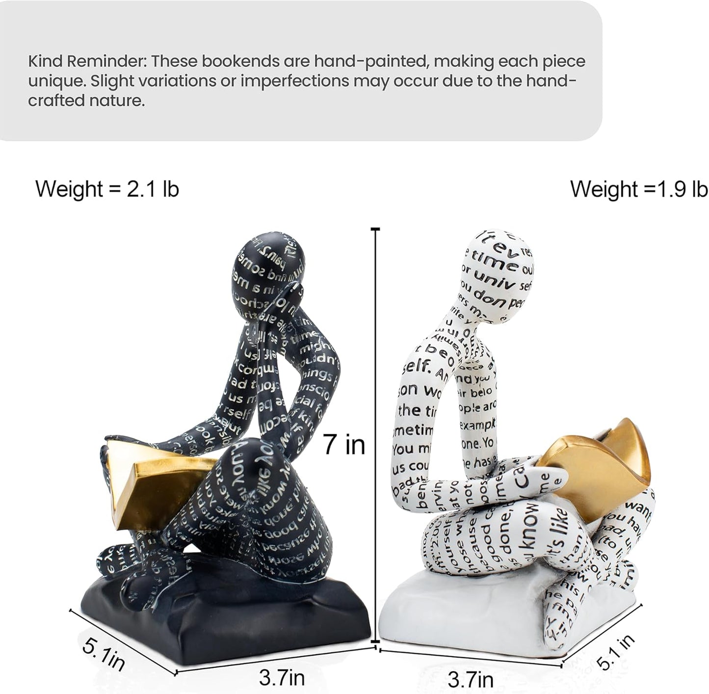 BANOMII Heavy Duty Book Ends for Shelves, Thinker Decorative Bookends for Heavy Books, Unique Book Stoppers to Hold Book, Bookshelf Accessories, Modern Home Office Decor Aesthetic Black & White