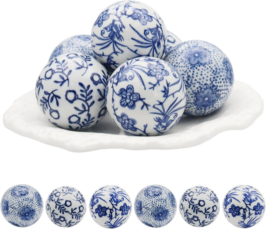 6 Pcs Decorative Blue Balls Chinoiserie Blue and White Ceramic Balls for Centerpiece Bowls Farmhouse Basket Tray Vases Decoration Gifts for Dining Table Holiday(A)