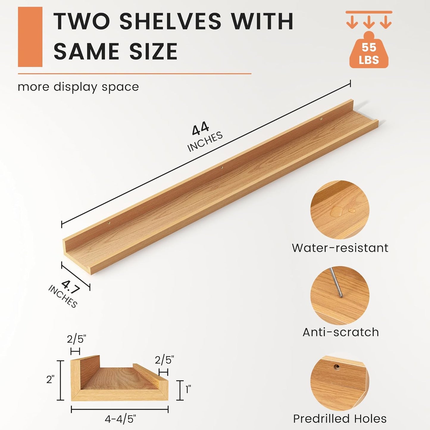 FLYJOE Picture Ledge Shelf, Floating Shelves Set of 2, 48 Inches Long Large Nursery Book Shelves for Toys Storage, Kids Bookshelf Wall Mounted for Living Room Bedroom Decor Books Photo Frames, Walnut