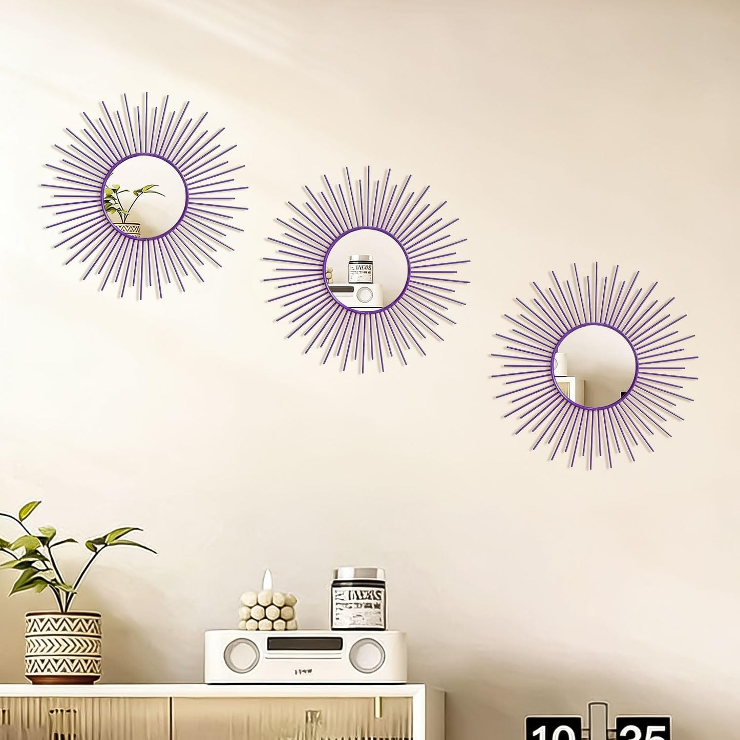 3 Pack Metal Mirrors for Wall Sunburst Wall Mirrors Home Décor Decorative Hanging Wall Art for Living Room Bedroom Entryway (Gold, Flower+Sunburst)