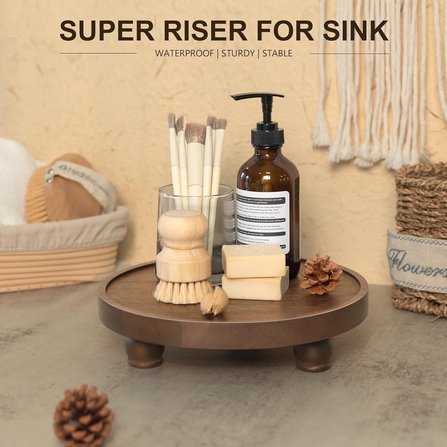 EOSAHR Farmhouse Pine Wood Riser for Home Decor – Round Pedestal Stand for Coffee Table & Kitchen Sink – Stylish Display Stand for Dish Soap Dispenser, Candles, Plants and Cupcakes (Green)