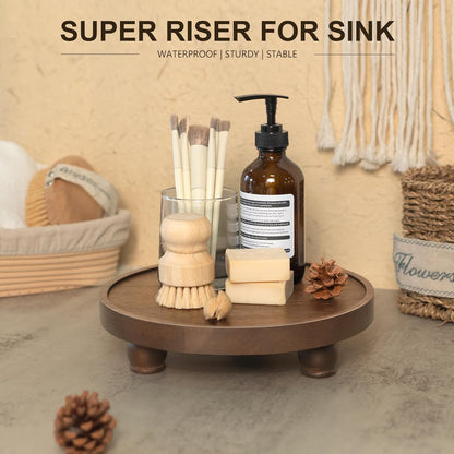 EOSAHR Farmhouse Pine Wood Riser for Home Decor – Round Pedestal Stand for Coffee Table & Kitchen Sink – Stylish Display Stand for Dish Soap Dispenser, Candles, Plants and Cupcakes (Green)