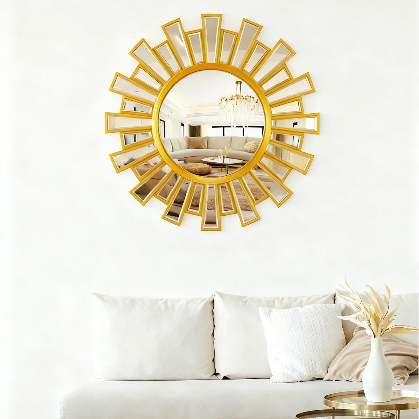 Gold Sunburst Mirror, 26" Sun Mirror Wall Decor with Beveled Glass Frame, Starburst Mirrors for Entryway, Dining Room, Living Room