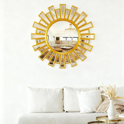 Gold Sunburst Mirror, 26" Sun Mirror Wall Decor with Beveled Glass Frame, Starburst Mirrors for Entryway, Dining Room, Living Room