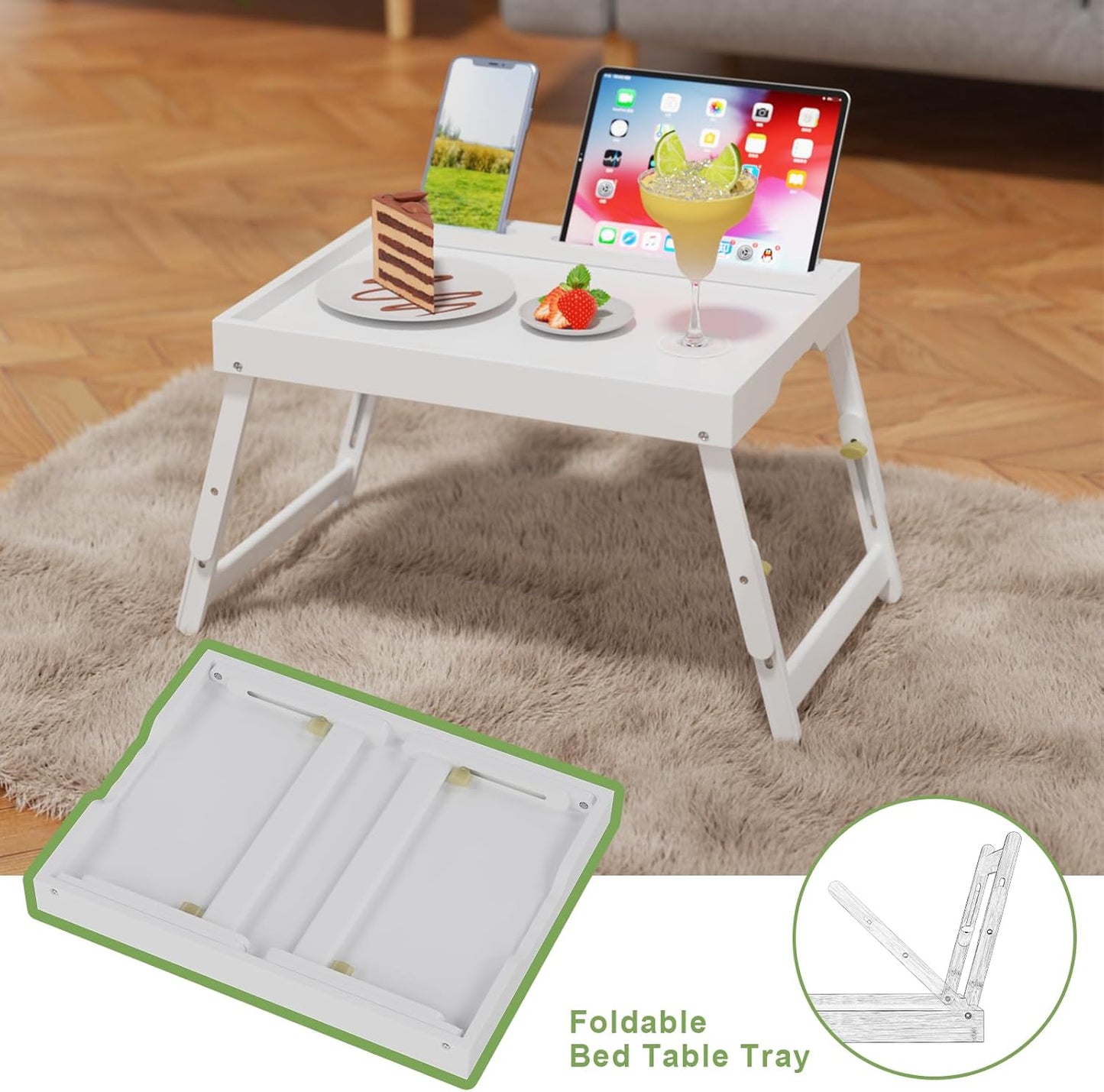 Bed Tray Table with Handles Folding Legs,Bamboo Breakfast Food Tray with Media Slot,Use As Platter,Laptop Desk,Snack,TV Tray Kitchen Serving Tray Black Large