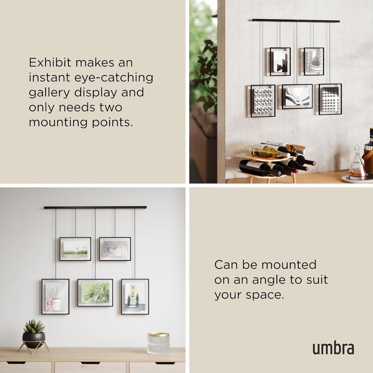 Umbra Exhibit Picture Frame Gallery Set, Adjustable Wall Collage Displays Nine Photos (Four 5x7" and Five 8x10"), Set of 9, Black