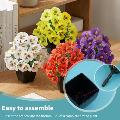 LOYWREE 4 Pack Small Artificial Mums Flowers in White Pots, Fake Mini Potted Plants, Spring Floral Decor for Home Bathroom Shelves Office Desk Table Centerpiece Indoor Decoration