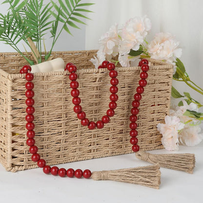 Wood Bead Garland 58 Inch Nature Wooden Beads for Boho Farmhouse Table Home Decor with Tassel, Wooden Prayer Bead, Rustic Country Boho Wall Hanging Decor for Kitchen Modern Living Room Tray Vase Shelf